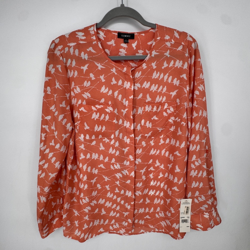 Elementz Blouse Womens Large Coral New Bird Print Roll Tab Button Up Birdcore